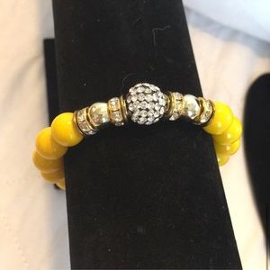 Yellow Bead with Glass Crystals Elastic Bracelet NWOT